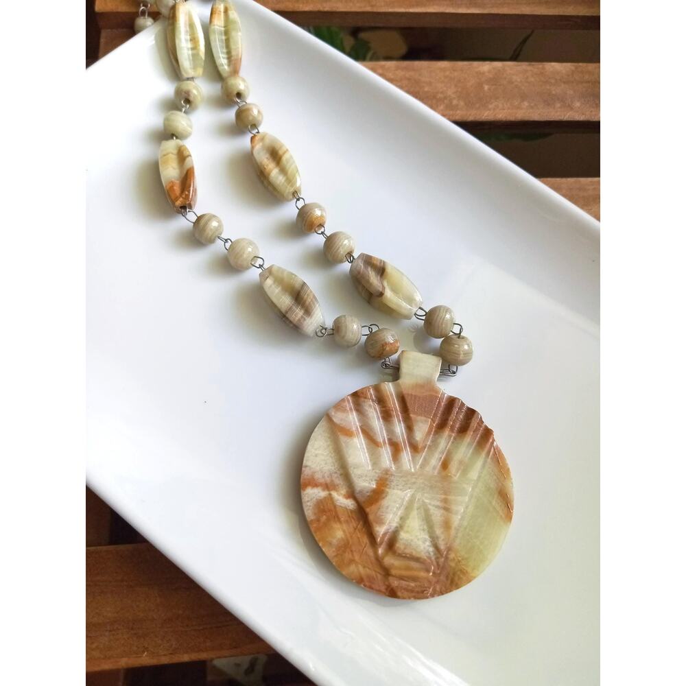 Vintage Carved Green Onyx Pendant Necklace, 25 Inch